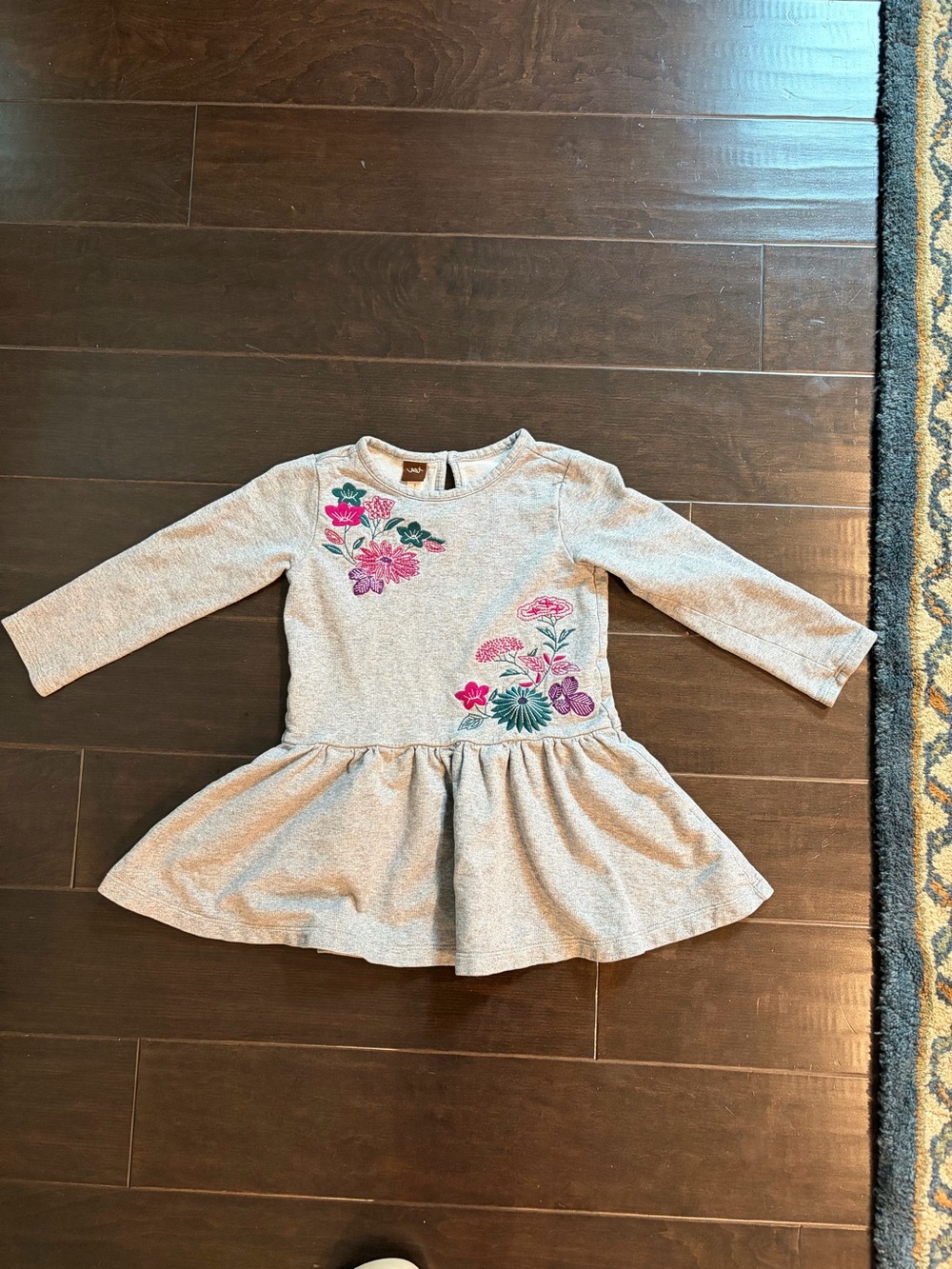 Tea Collection Girls' Gray Floral Embroidered Long-Sleeve Dress